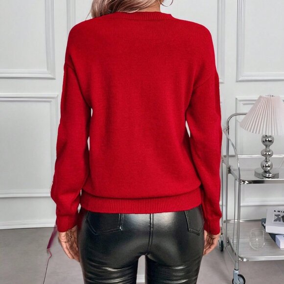 Red Casual Women's Christmas Sequin Pullover Sweater - Picture 2 of 7